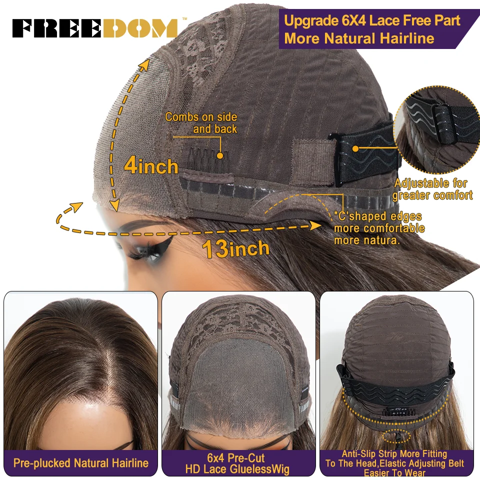 FREEDOM 6x4 Vorgezupfte Synthetische Lace-Front-Perücke für Frauen, Natürlich Gewellt, Kleberlose Lace-Perücke, Ombre Braun, für den täglichen Gebrauch – Detail 6