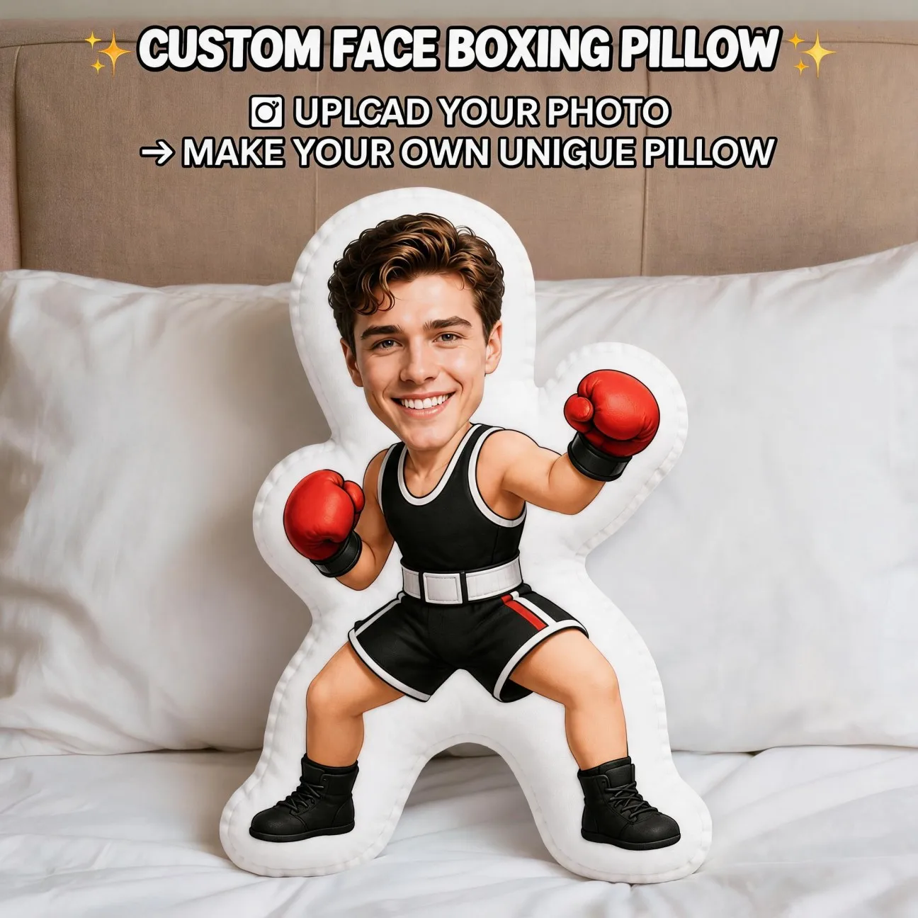 Custom Personalized Photo Boxer Shaped Pillow, Smiling Face Red Gloves Black Outfit Decorative Cushion, Unique Home Decor Accent