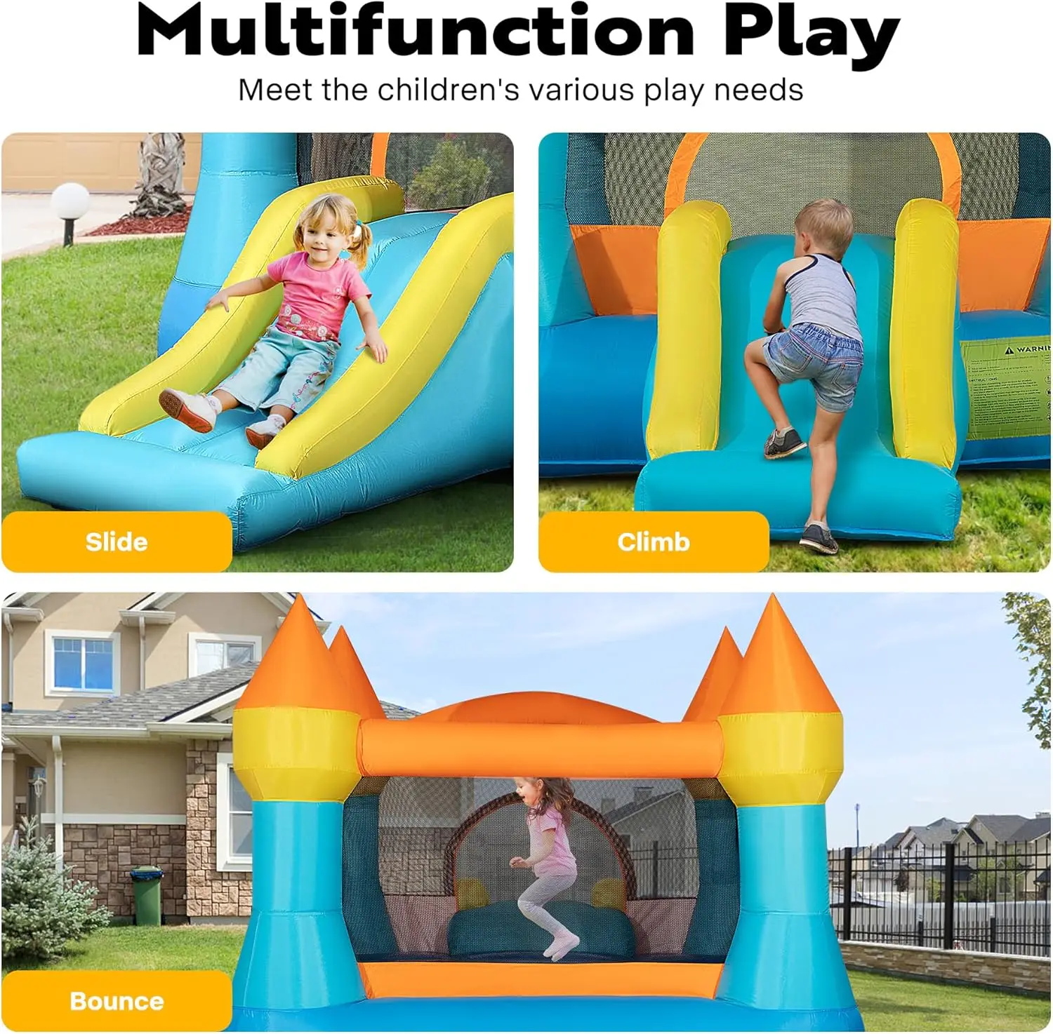 子供用小型バウンスハウス、スライド付きジャンプインフレータブルバウンシーキャッスル、送風機付き屋外用12x8フィートインフレータブルバウンサー
