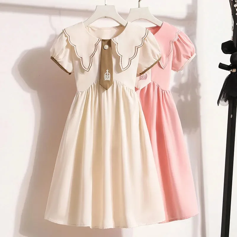 

2024 New Girls'Polo Collar Solid Color Pleated Tie Dress Children's Summer Sweet Fashion Dress