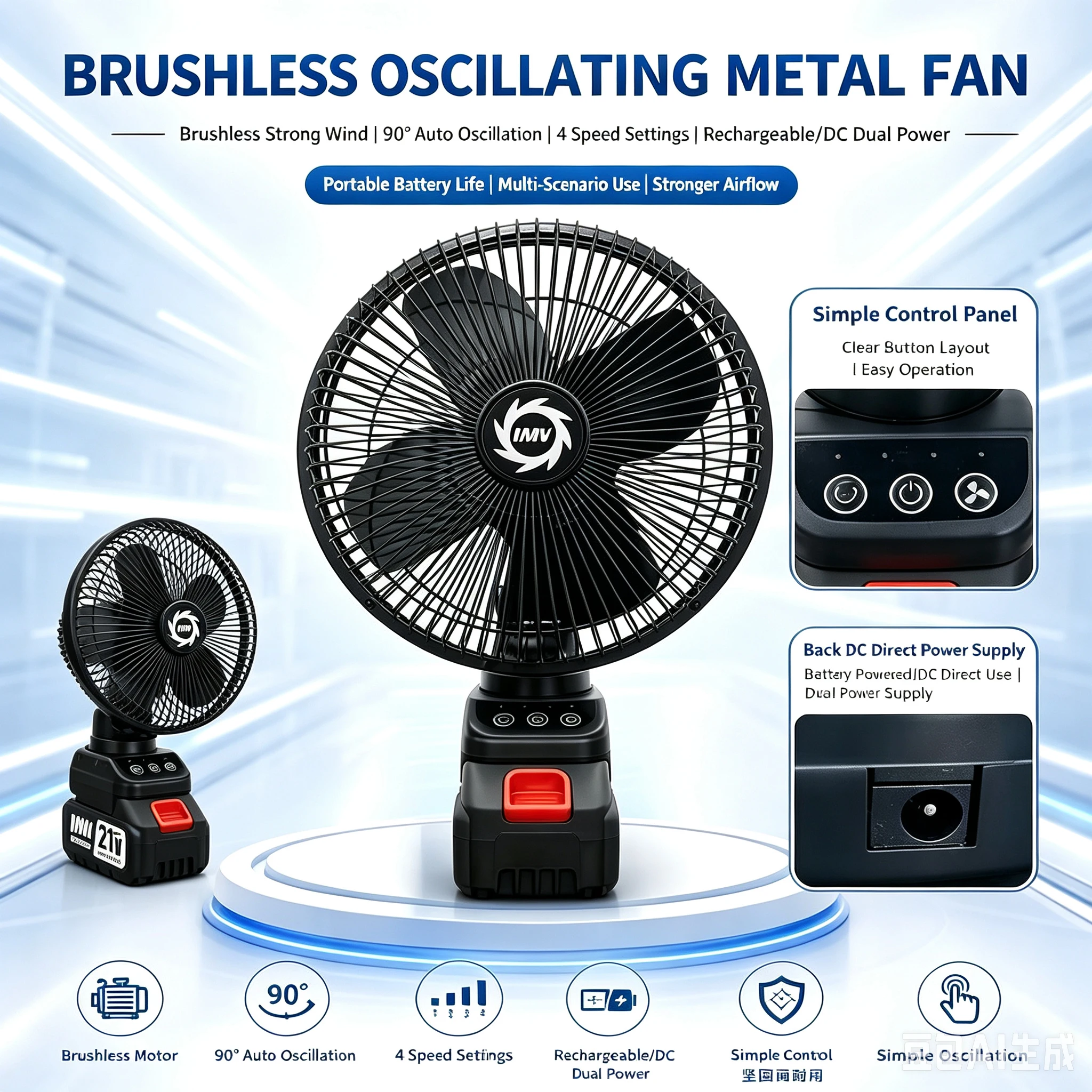 Für Makita Lithium-Akku Bürstenloser Metallventilator 140 ° Oszillation 45 ° Verstellbarer Ventilatorkopf 4 Geschwindigkeiten DC-Betrieb für Outdoor-Camping – Detail 5