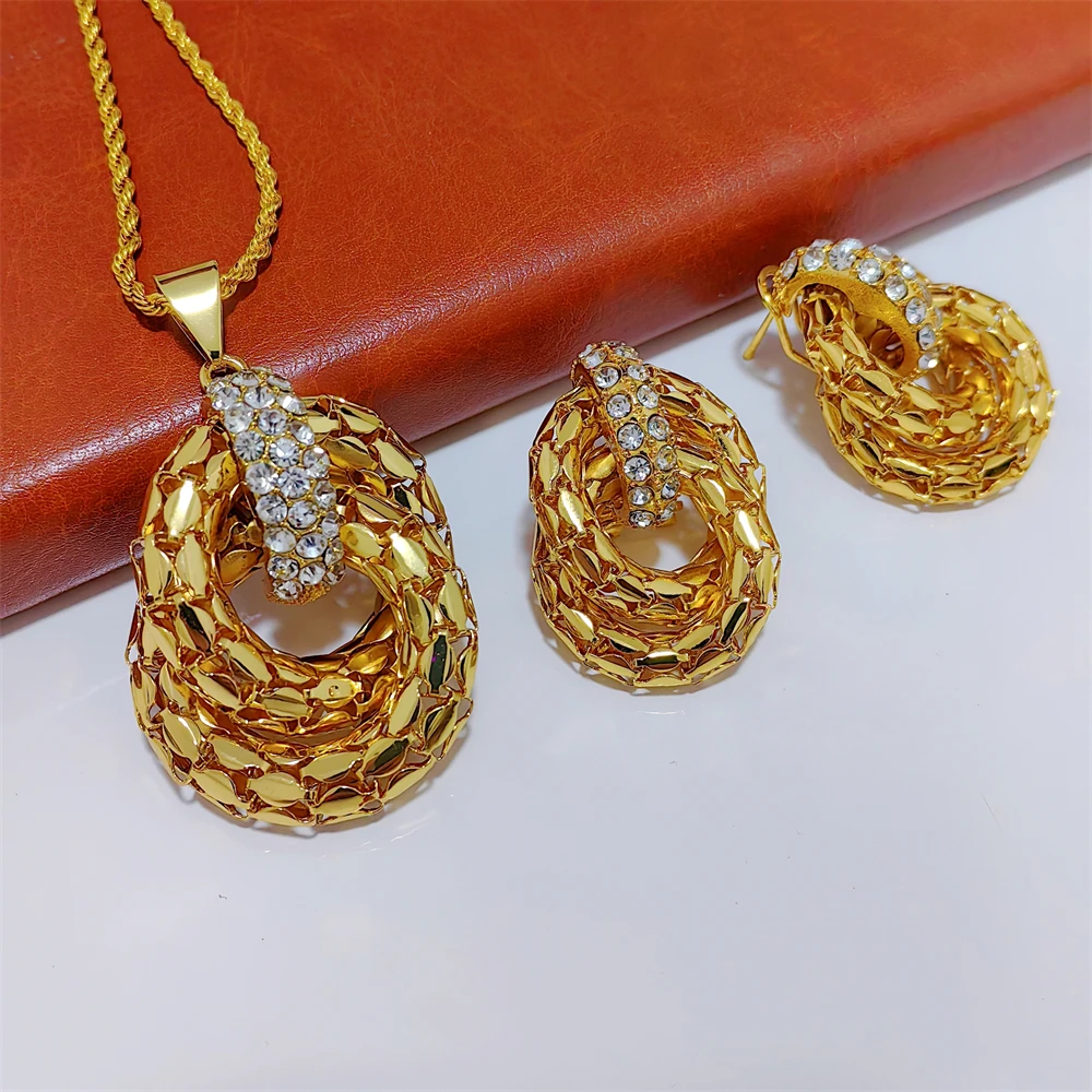 ESALE Hot Sale Gold Plated Jewelry Set For Women Simple Fashion Dubai Jewelry Luxury Design Necklace Earrings Pendant Set