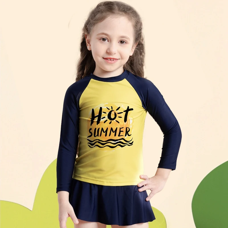 

New Girls Swimsuits Kids Fashion Long Sleeve Two-Piece Swimwear Letter Print Tops+Skirt Shorts Child Bathing Suit Beachwear 4-7Y