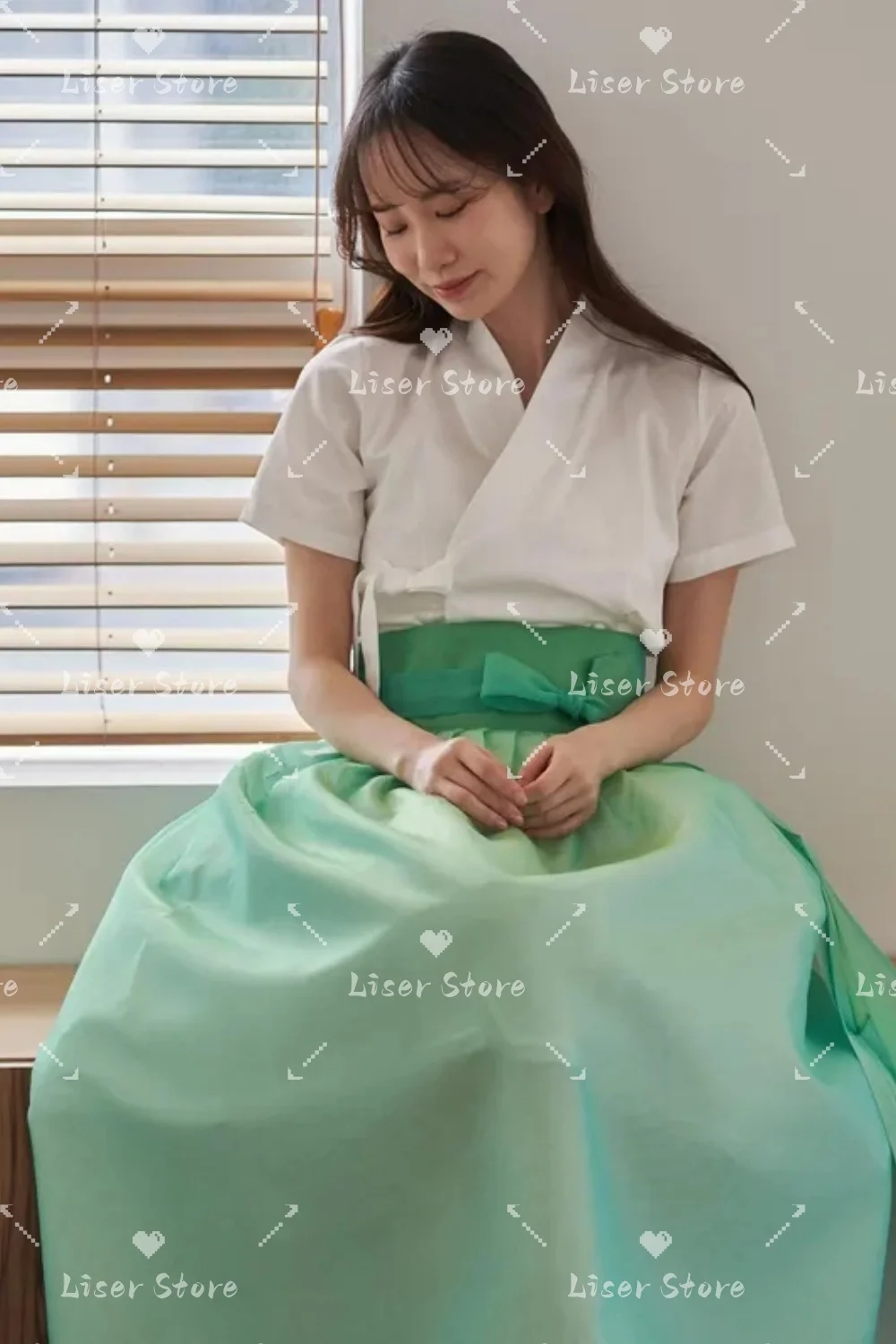 Liser Customized Casual Elegant Hanbok White Short Sleeve Top Green Pleated Skirt Women Daily Korean Traditional Travel Dress