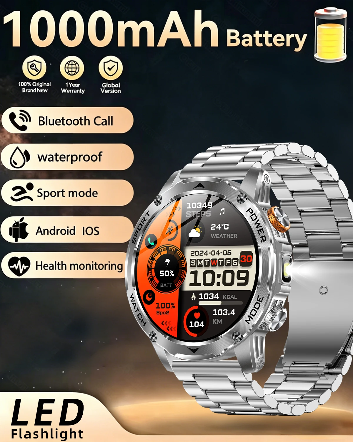 

Fitness Track Military Smart Watch 1000mAh Battery IP68 Waterproof Flashlight Heart Rate Sports Smartwatch Men For Android IOS