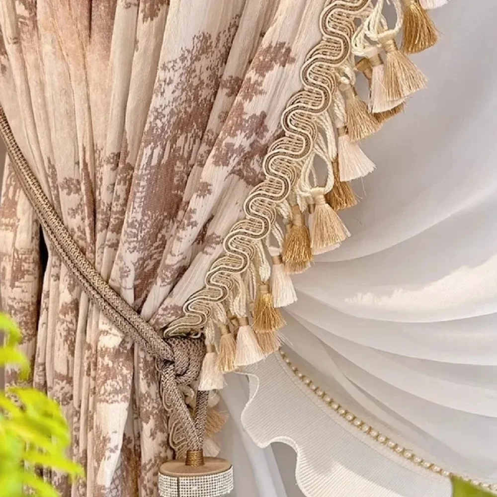 

Curtains with Tassel Lace Trim Custom Retro Cream JacquardTulle Drapes for Balcony French Window Living Room Bedroom Vintage