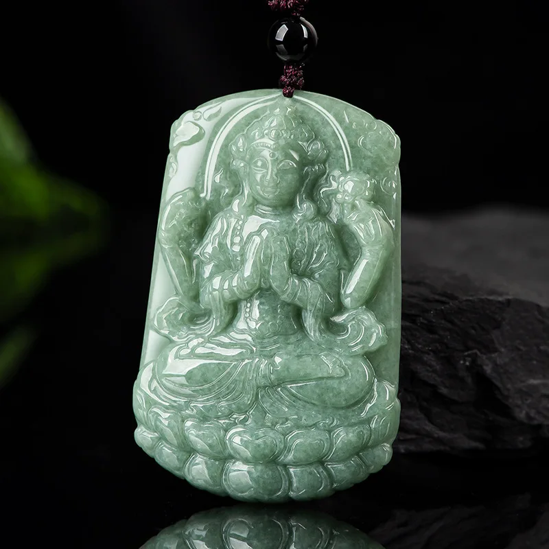 Natural Jade Bean Green Four Arms Guanyin Pendant Necklace Exquisite Jewelry Pendant for Fashion Women Men Accessories Gift