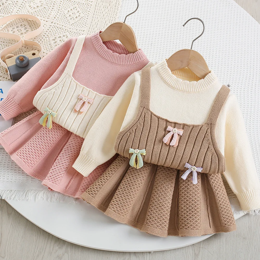 

Girls Dress Clothes Sets Spring Autumn Children Woolen Jersey Sweaters Tops Skirts Kids Princess Suit For Baby Knitted Outfits 6