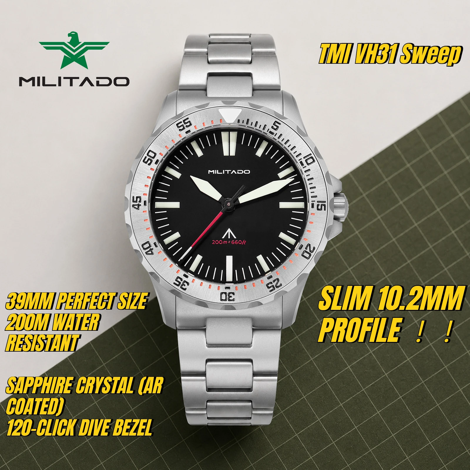Militado ML16 39mm Quartz Dive Watch Sapphire Crystal 200M Water Resistant Ceramic Bezel BGW9 Lume Screw Down Crown