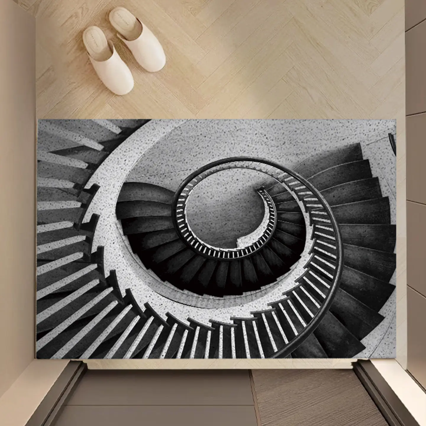 Black White Spiral Staircase 3D Visual PVC Coir Doormat Non‑Slip Dust Removal Entrance Door Mat Wear‑Resistant Welcome Rug