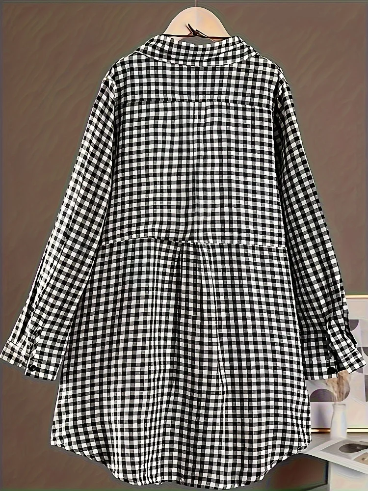 Plus Size New Korean Fashion Blouses Plaid Button Solid Midi Autumn Shirt Female All-match Loose Long Sleeve Polo-Neck Blouse