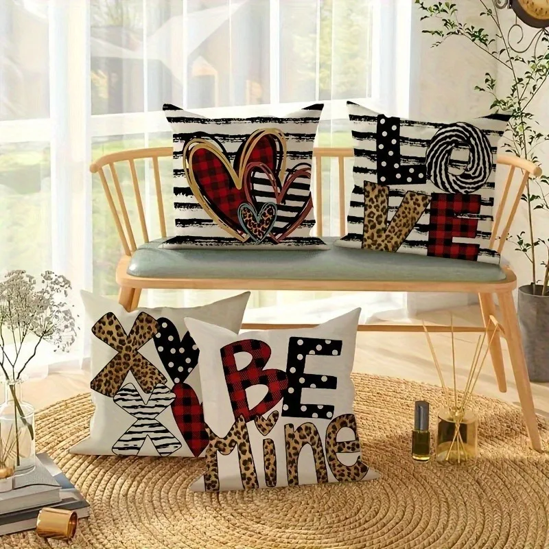 

Наволочка в клетку и леопардовую клетку ко Дню святого Валентина, художественный романтический дизайн, красный чехол для подушки для домашнего декора
