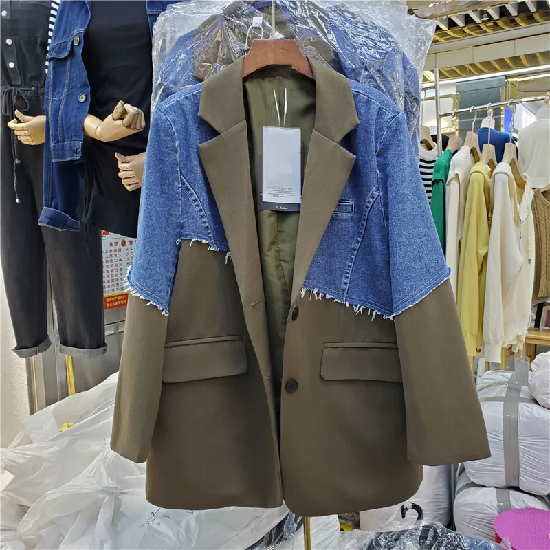 Coreano Denim Patchwork Blazer Donna Grande Tasca Tuta Sportiva Femminile Allentato Irregolare Contorno Medio Lungo Jeans Splicing Giacca Cappotto