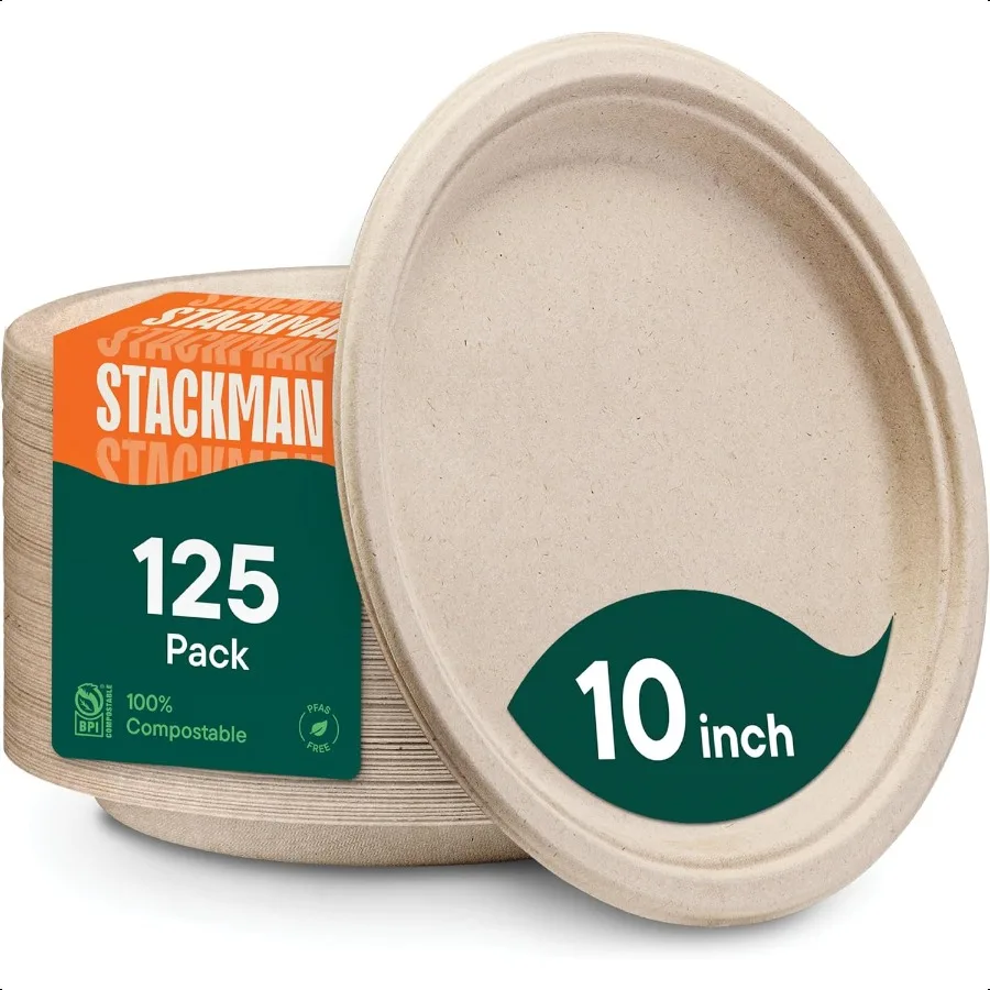 

Paper Plates 100 Compostable Heavy Duty 10 Inch Plate [125Pack] PFASFree BPI Certified EcoFriendly Biodegradable Bagasse