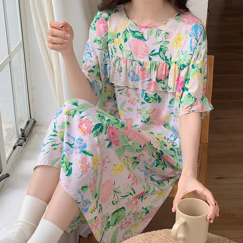 Summer Printed Cotton Silk Sleeping Skirt for Women Sweet Round Neck Short Sleeve Pajama Dress Female Home Furnishing Clothing