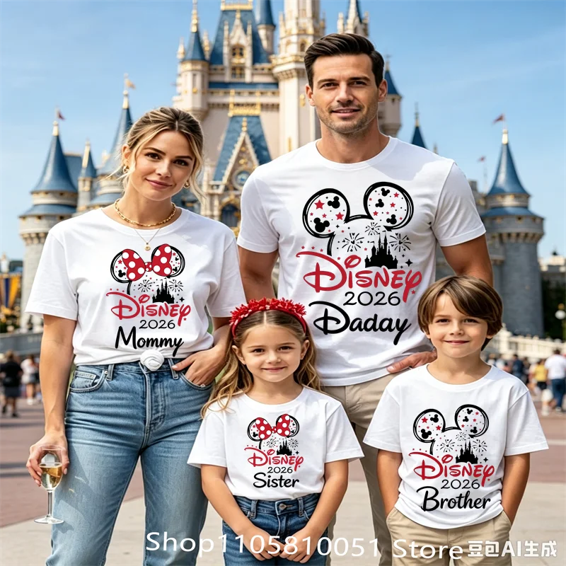 Mom Dad Mini Family Matching T‑Shirts, Cute Mickey Minnie Mouse Print Tees, Family Holiday Vacation Matching Outfit