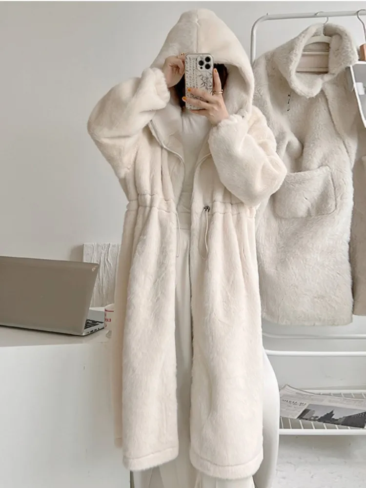 2024 Spring Winter Women\'s Thickened Warm Teddy Jacket Beige White Hooded Coat Female Long Sleeve Faux Mink Fur Jacket Overcoat