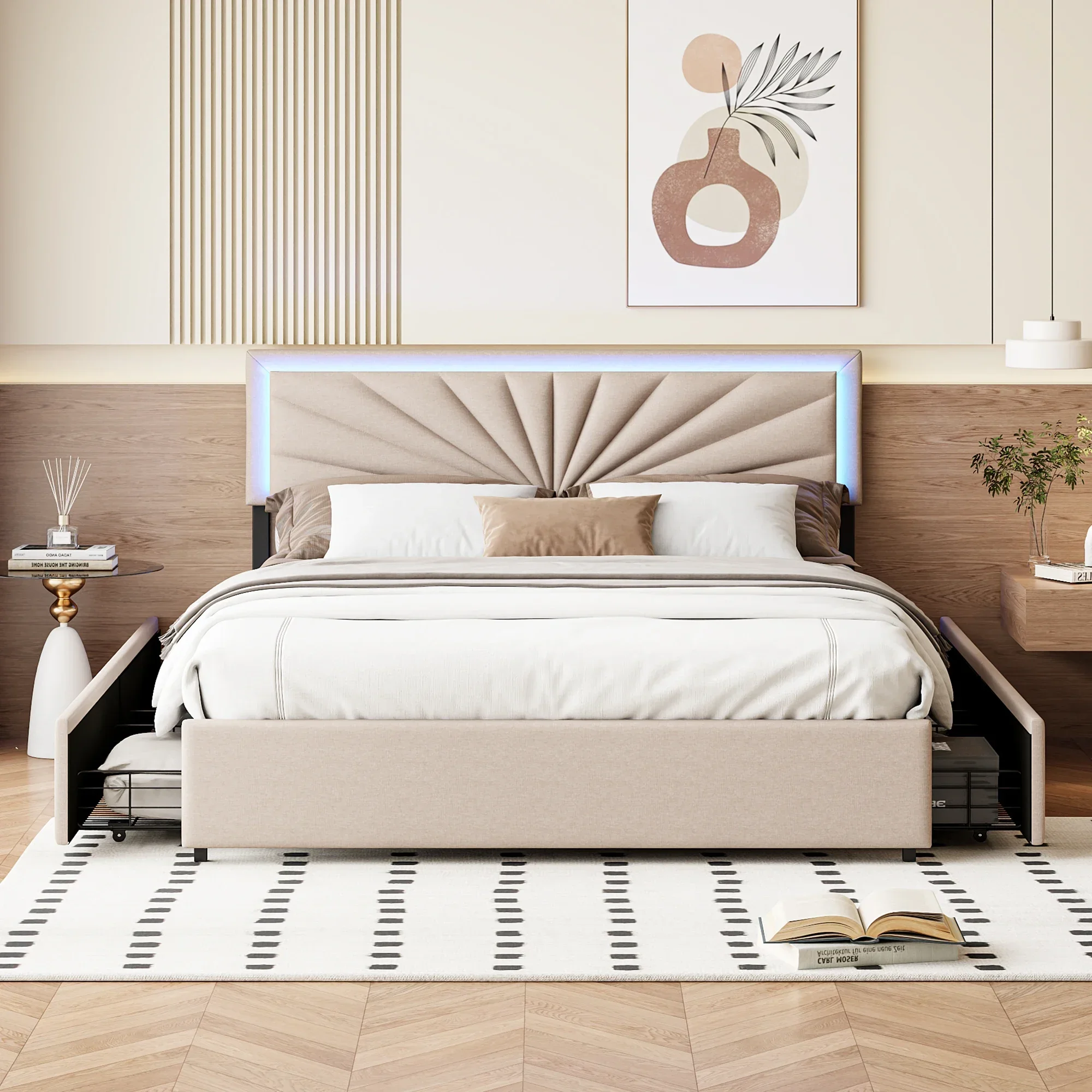 Comanlai, struttura per letto matrimoniale in stile moderno, 160x200 cm, letto imbottito, letto con contenitore e 4 cassetti, colore beige.