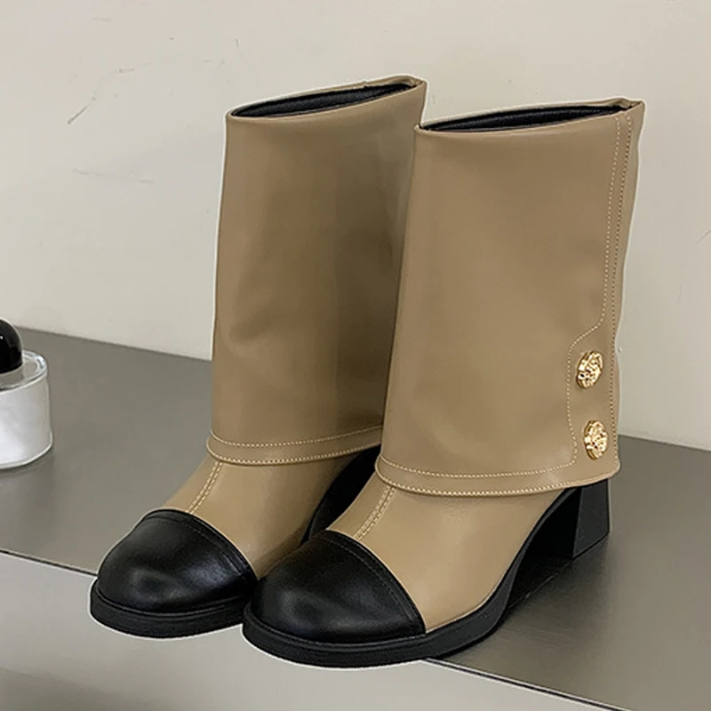 Liyke Autumn Winter Mary Jane Ankle Boots For Women Black White Patchwork Round Toe Metal Button Trouser Legs Shoes Chunky Heels