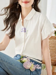 Summer Women's White Shirt 2024 French Style Simple Turn Down Collar Short Sleeves Single Breasted Casual Shirt