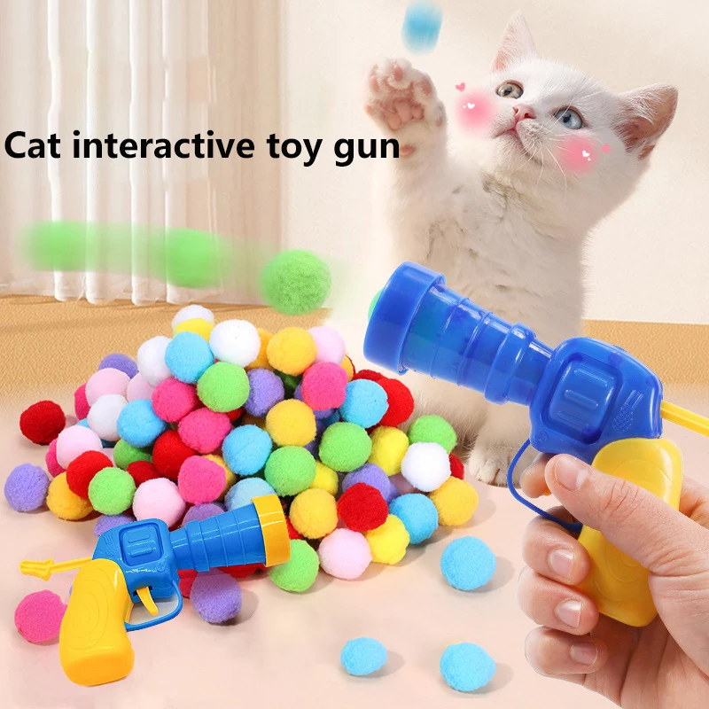 1Set Funny Cat Toys Interactive Toys Gun Plush Ball Launches High Bounce Ball Creative Kittens Mini Pompoms Pet Supplies