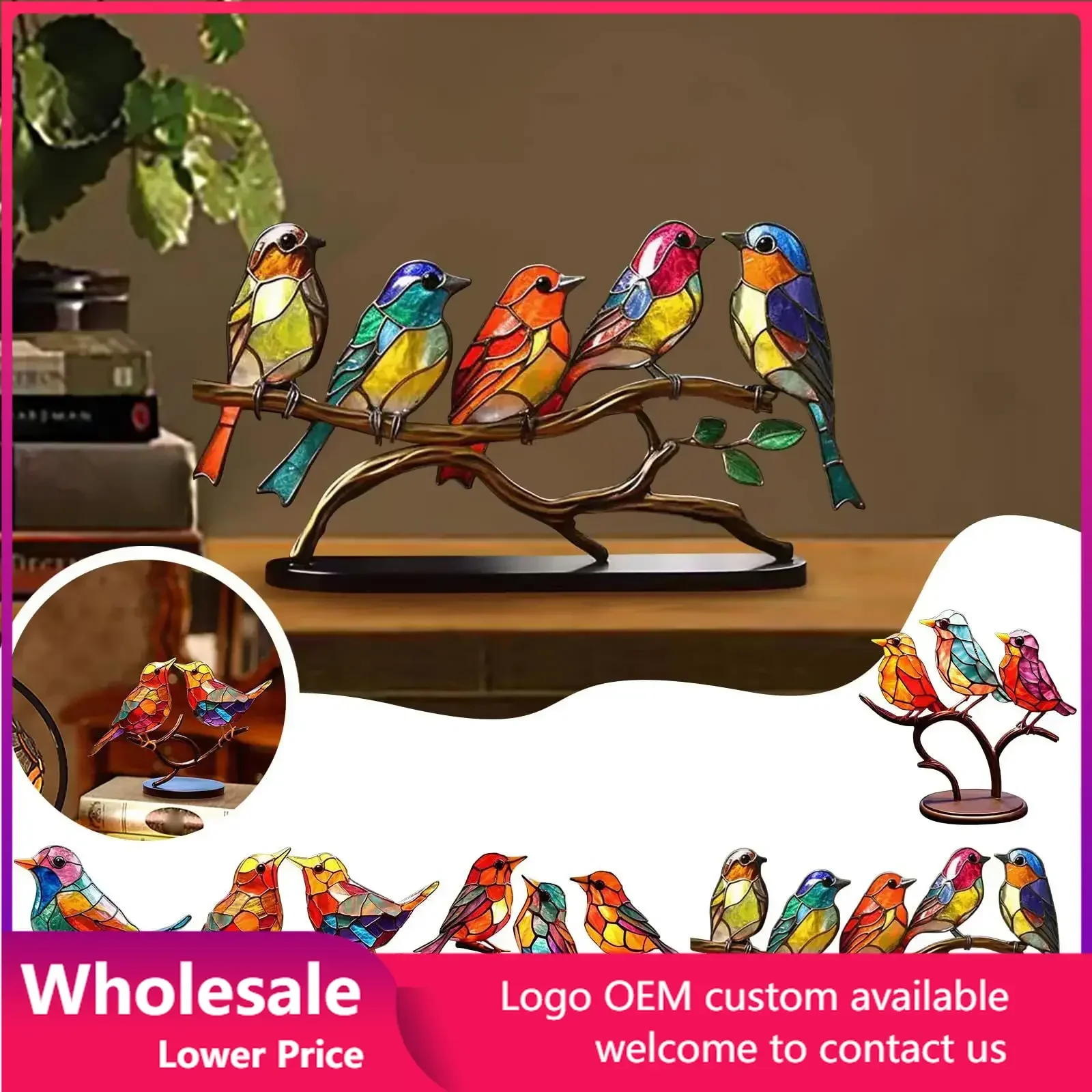 Outdoor Statues Sculptures Ornaments Metal Hummingbird Bird Artwork Decor  Double Sided Colorful Glass Birds on Branch