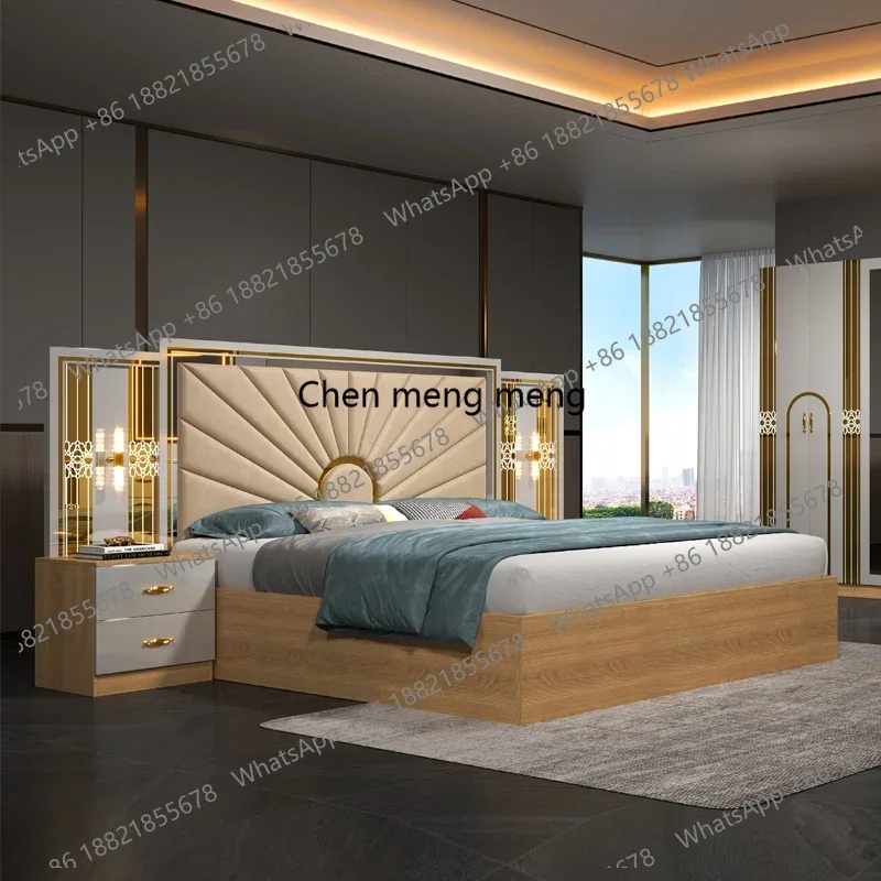 Luxury Royal king Size Bedroom Sets Elegant Super Size Turkish Style Gold Mirrored LED Lighted Dubai Bedroom Furniture Set