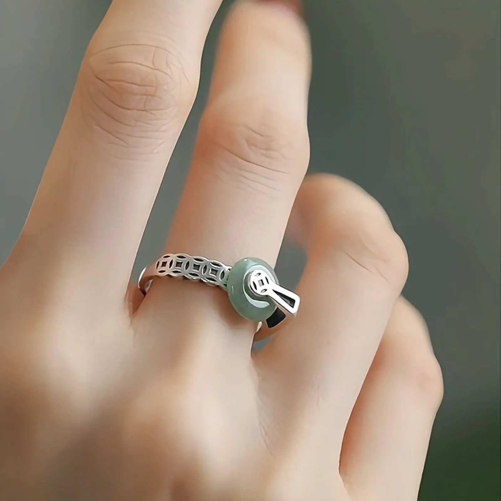 Retro silver 925 copper coin rings for women fresh natural jade round buckle rotatable ring ethnic style fine jewelry gifts - view 5