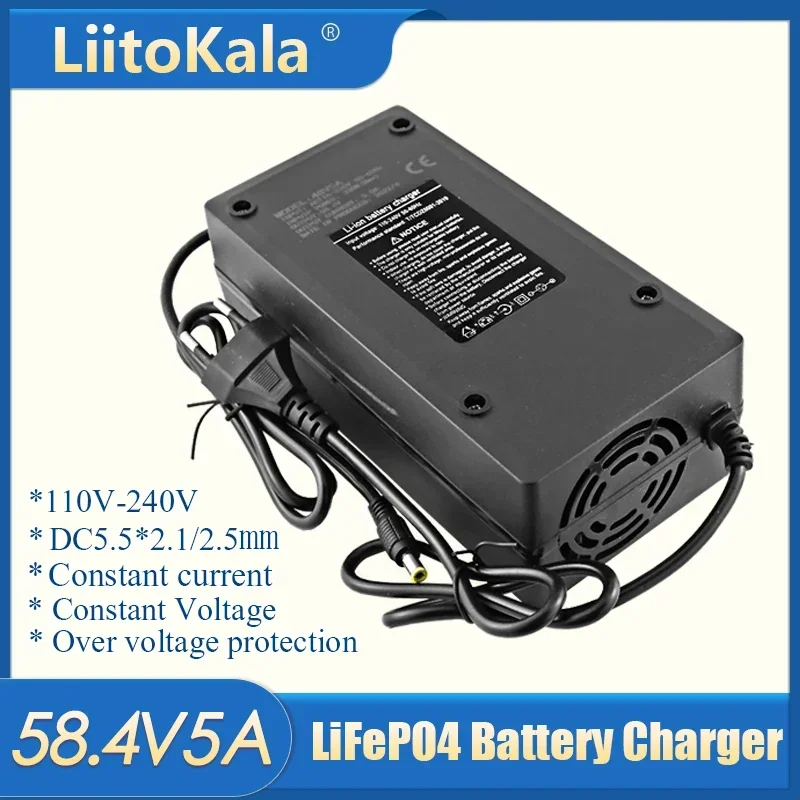 LiitoKala 58.4V 5A Charger Smart Suitable For 16s 51.2V Outdoor LiFePO4 Battery DC 5.5*1.2mm 110V-240V