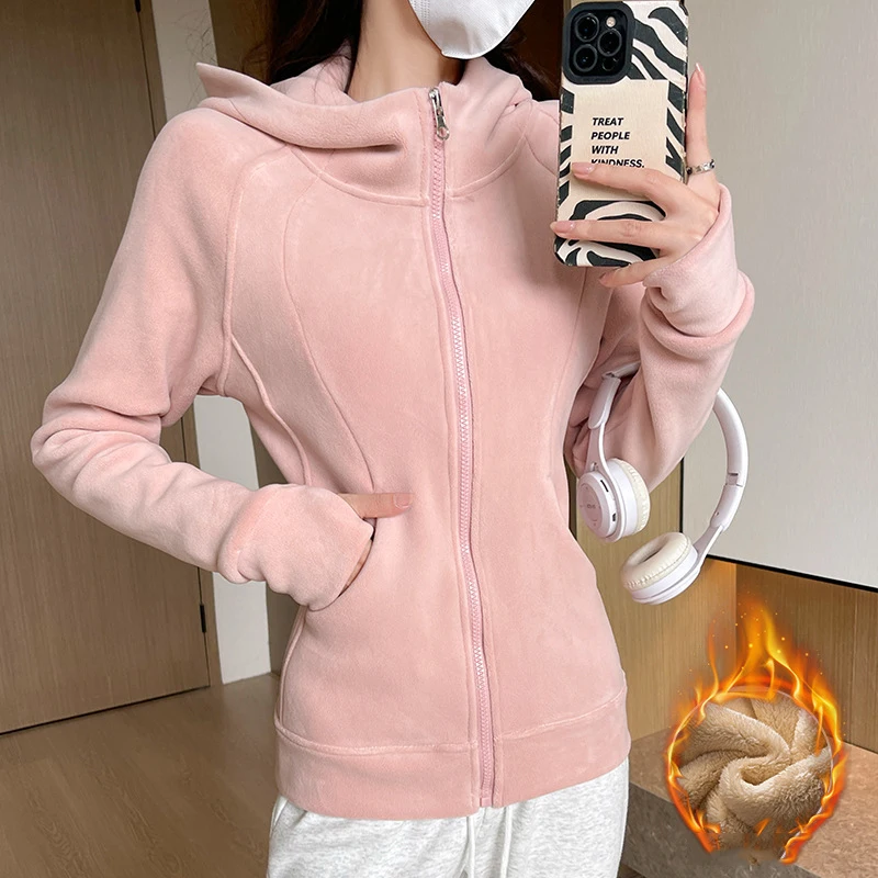 

Розовая утепленная толстовка с капюшоном, женская осенне-зимняя толстовка на молнии с длинными рукавами, женские однотонные теплые флисовые пальто, женские