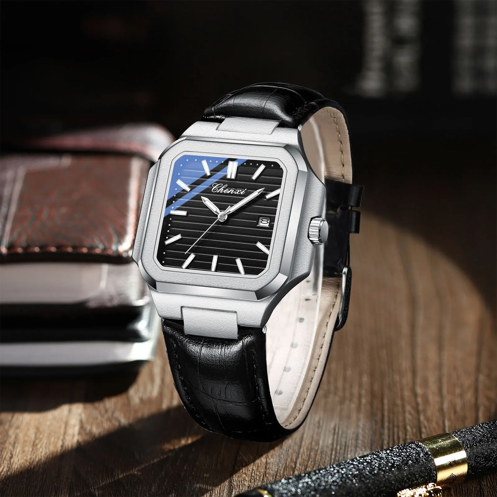 NUOVO 2025 CHENXI Casual Business Orologio da uomo in vera pelle Quadrante quadrato Impermeabile Calendario luminoso Orologi minimalisti di lusso