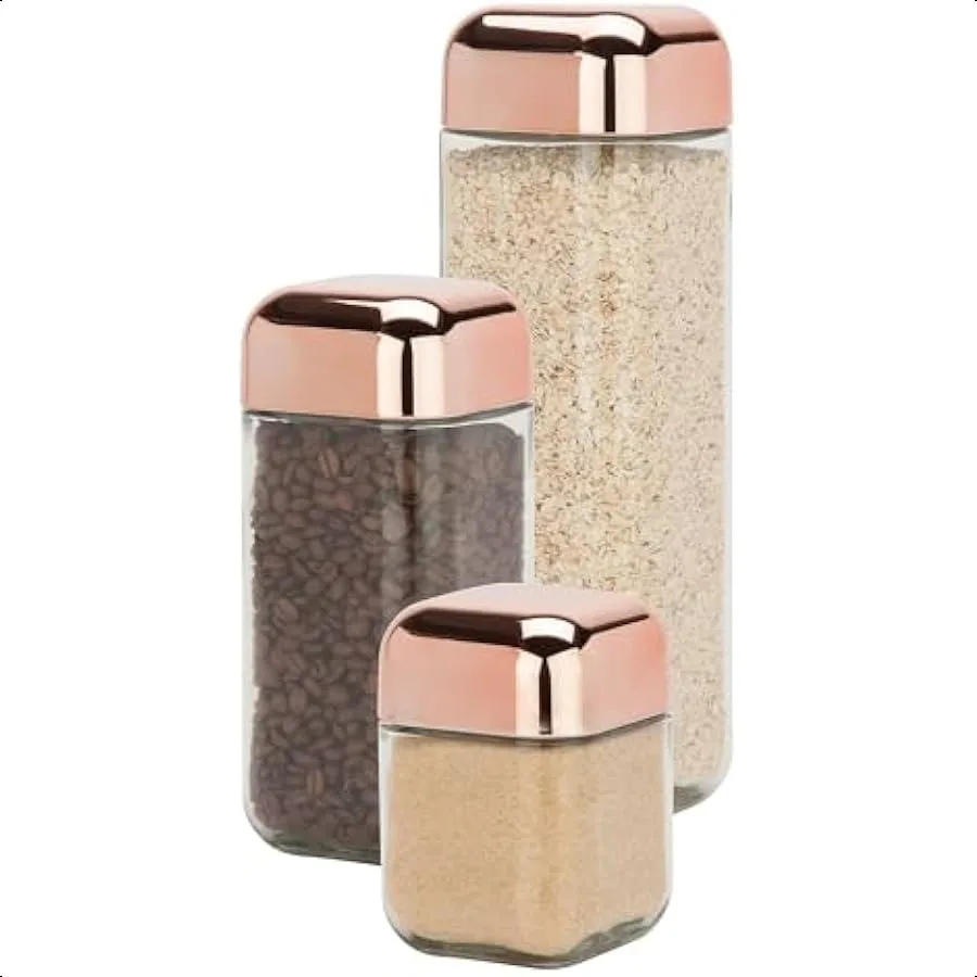 

HoneyCanDo KCH06479 3Piece Square Storage Jar Set 550 mL 1700 mL Capacity Rose