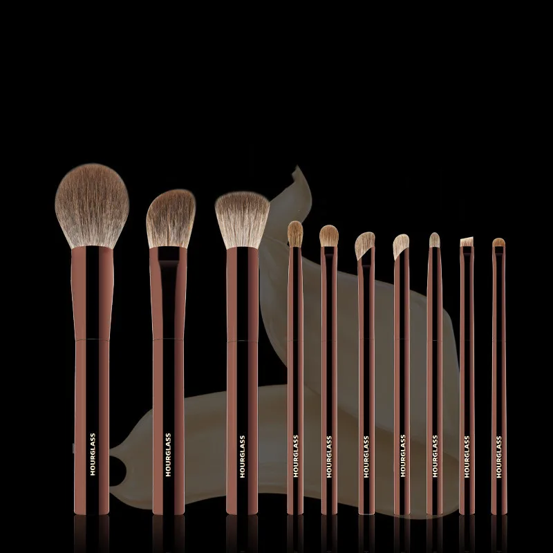 Hourglass Makeup Brush-2024New Luxury 10Pcs Natural Animal Hair Brushes Set-Blusher Powder Eyeshadow Foundation Brush-Beatuy