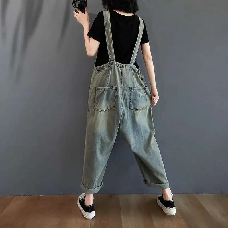 #1415 Vintage Jeans Jumpsuit Women Backless Spaghetti Strap Long Jumpsuit Ladies Multi-pockets Wide Leg Jeans Jumpsuit Femme