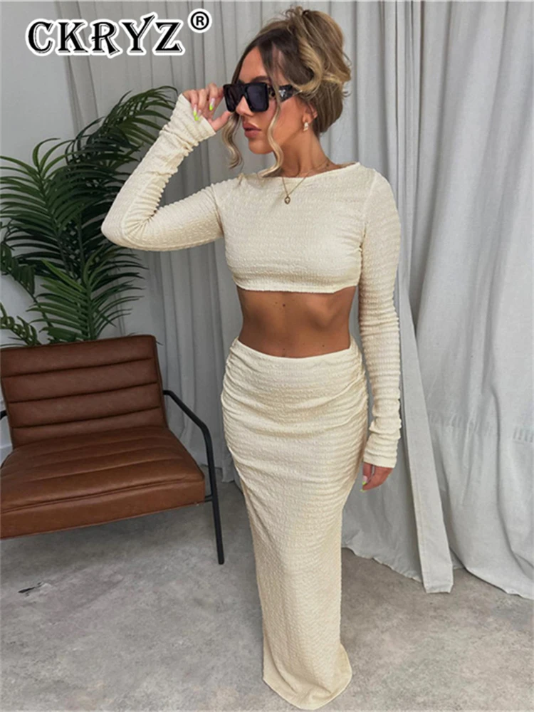 Ladies Autumn 2 Pieces Long Sleeve Crop Top And Maxi Skirt Set For Women Ruched Fashion Birthday Party Club Wear Y2K Fall Outfit