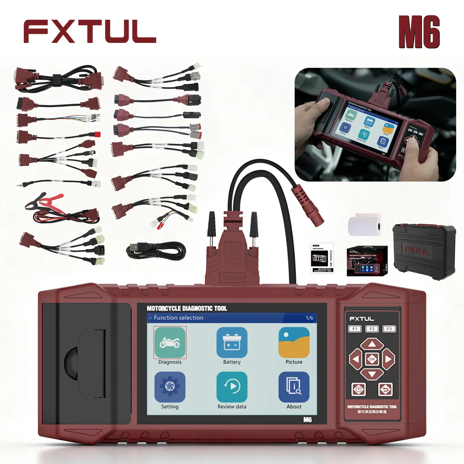 FXTUL M6 Motorcycle Diagnostic Tool OBD2 Scanner Clear Fault Codes Engine ABS Tester Data Stream Actuation Test for 70 Brands