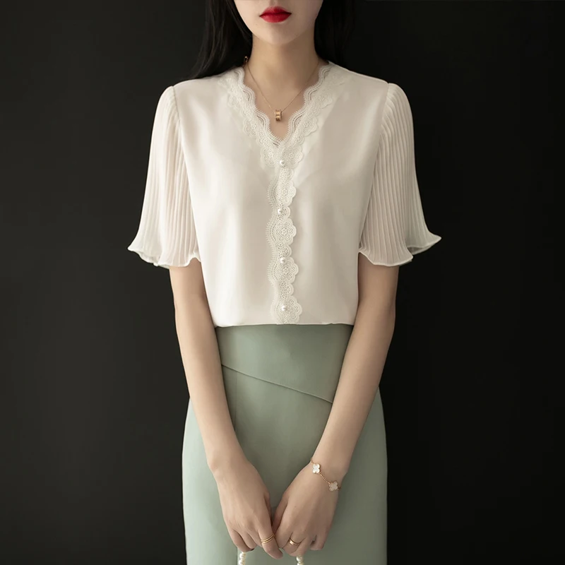Women's Lace Crop Top V-Neck Short Sleeve Chiffon Shirt Belly Covering Design Sensation Summer White Korean Style Blouse