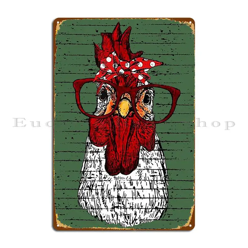 Cute Hipster Chicken With Red Glasses And Polka Dot Bandana Metal Plaque Cinema Wall Decor Designing Cinema Tin Sign Poster