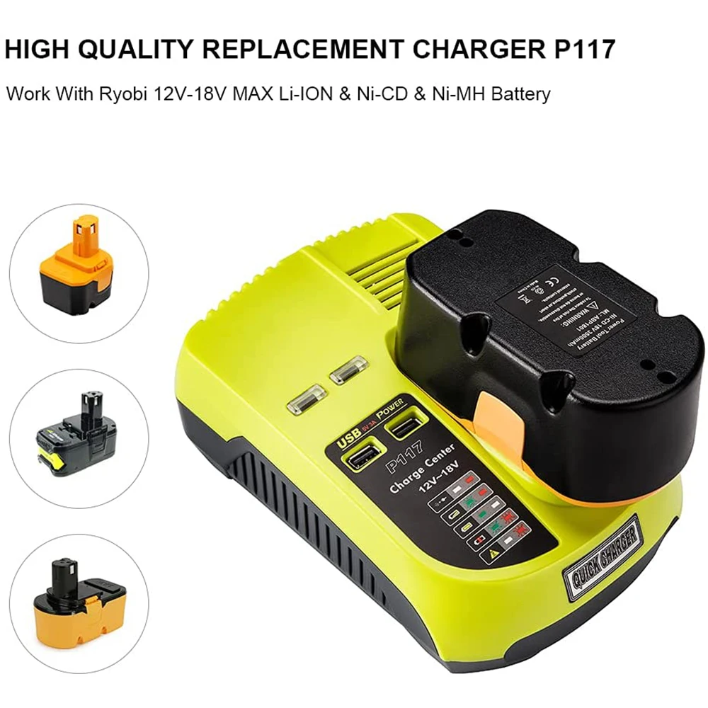 P117 Dual Chemistry Battery Charger Replacement for Ryobi 18V Battery P100 P101 P102 P103 P105 P107