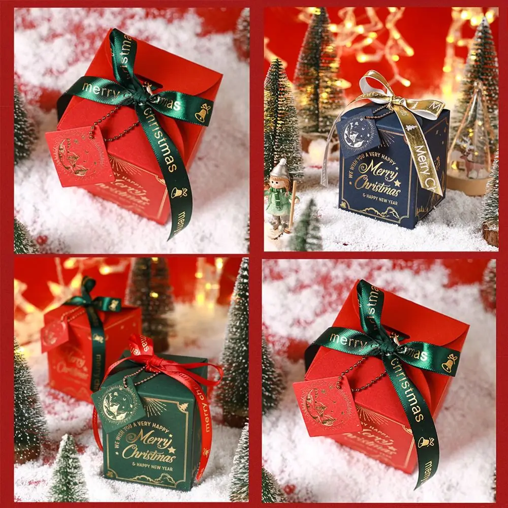 

3pcs Light Luxury Christmas Eve Christmas Packaging Ribbon Bow Hot Stamping Xmas Color Box Christmas Card Kraft Paper Bag Home