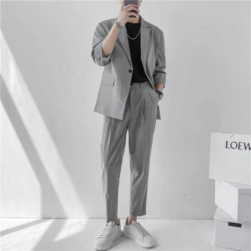 (Blazers + Pants) 2024 Fashion Summer Seven Point Sleeve Stripe Casual Coat Men Single-breasted Simple Loose Suits 2 Piece Set