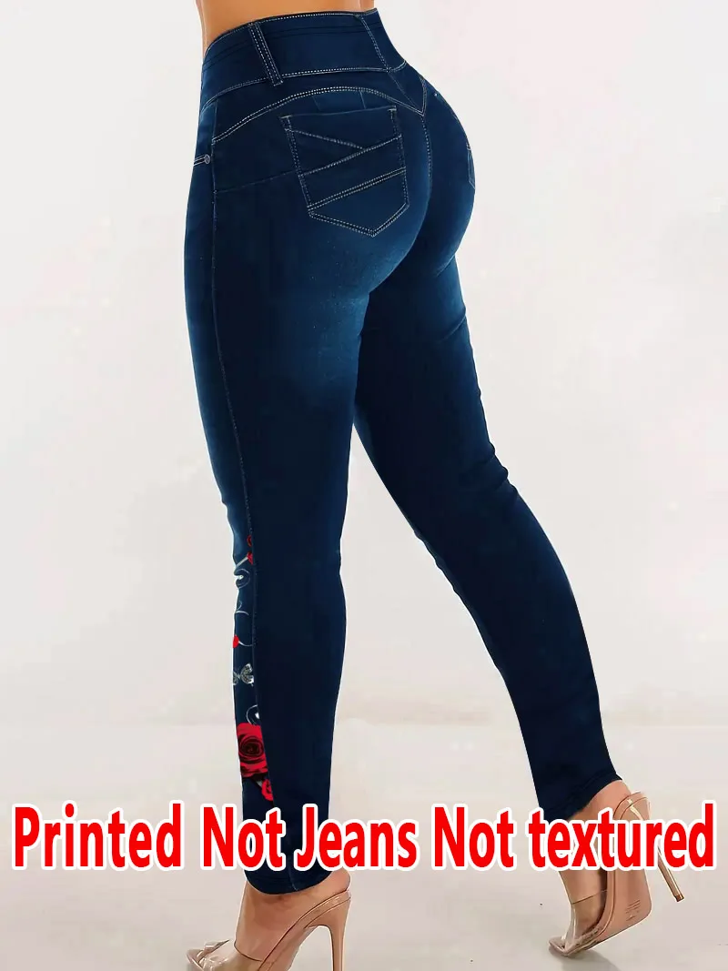 Ladies' Non-Leather Denim-Like Printed Trousers 2D Embroidery Effect Stretch Pants All-Season Fashion Bottom Wear