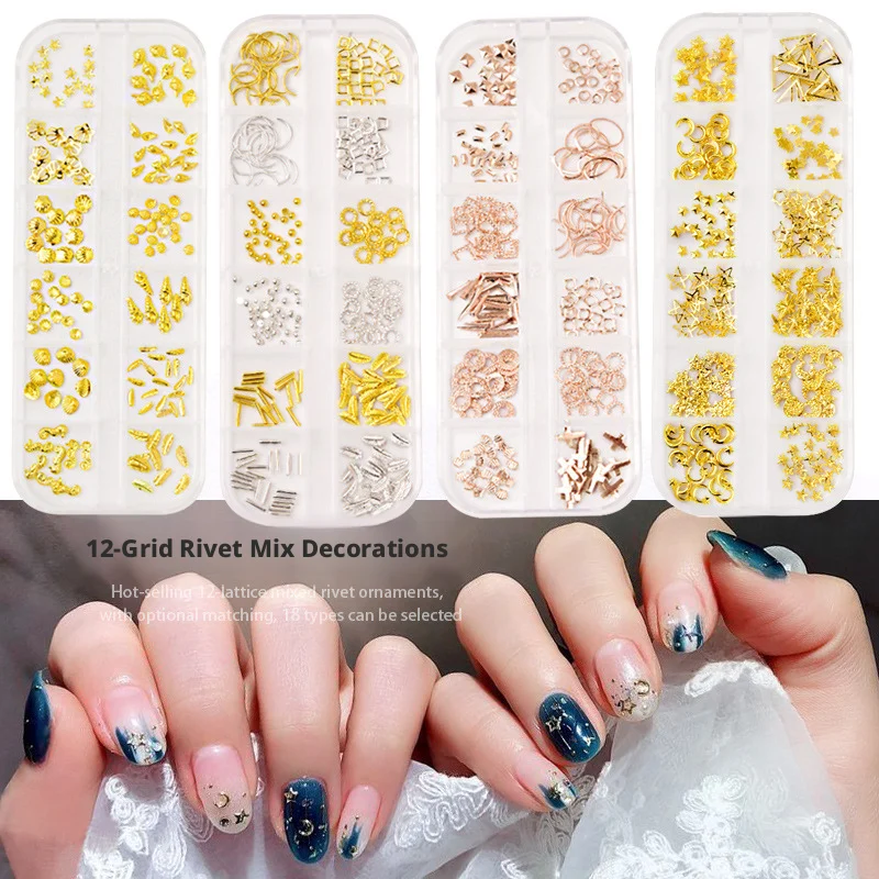 Image of YYM 12-teiliges Metallnieten-Nagelkunst-Set, Mond-Stern-Rundnagel-Dekor, Gold-Silber-Nagelschmuck-Kit für DIY-Maniküre-Zubehör