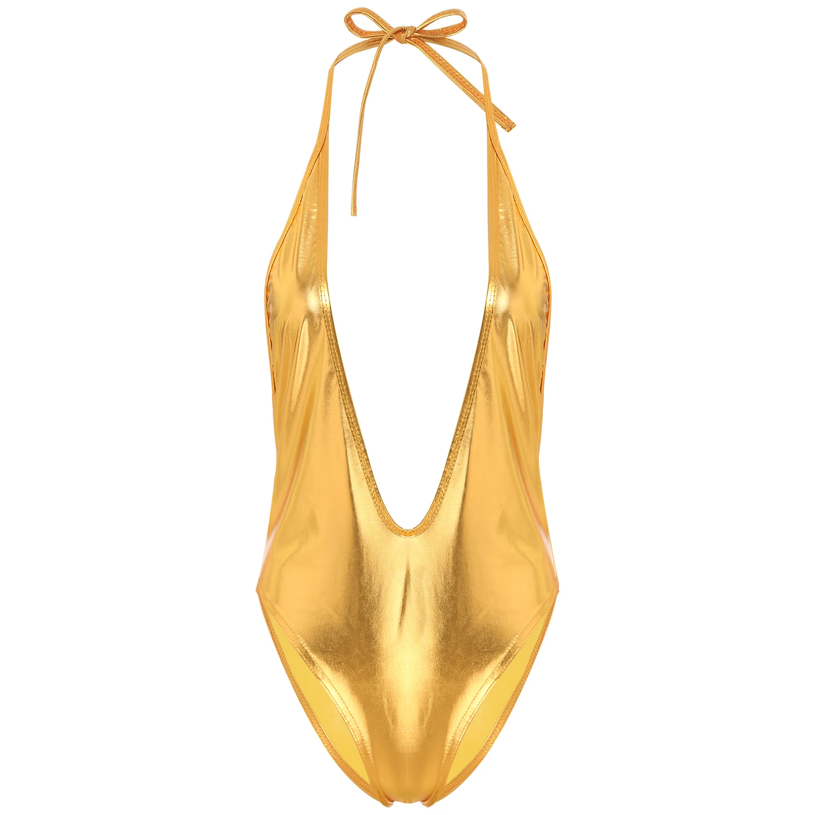 

Womens Metallic Shiny Bathing Suit Halter Deep V Neck One Piece Swimsuits Wetlook Bodysuit High Cut Thong Leotard Swimwear