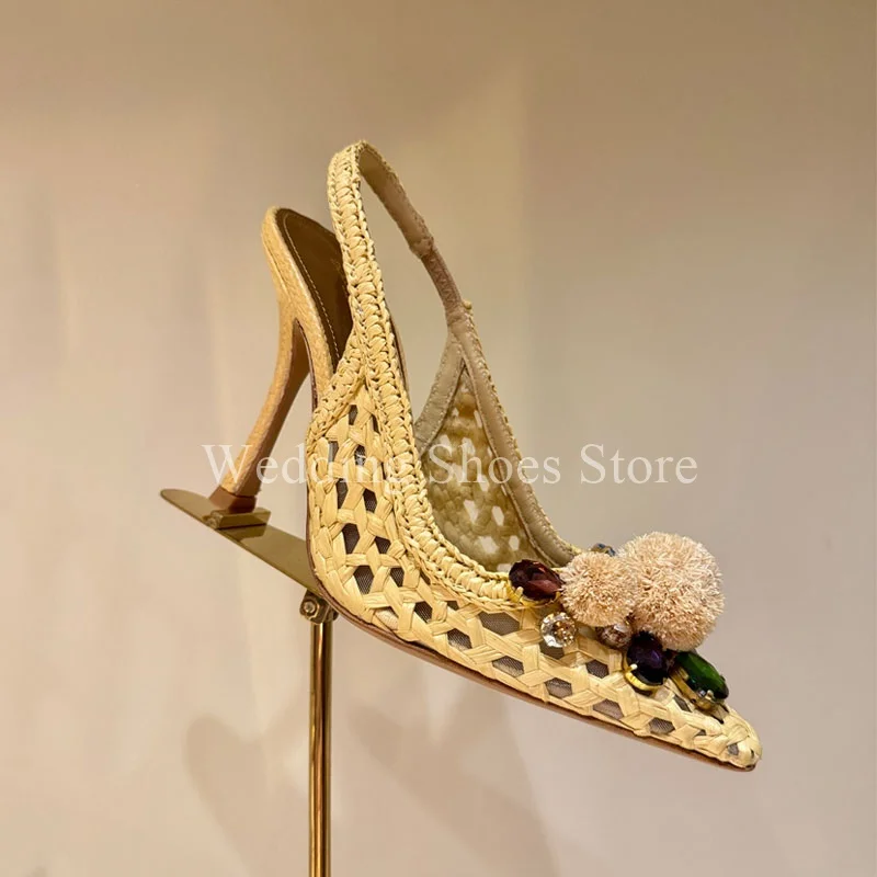 Handmade  Rafi Grass-woven Rhinestone Stiletto Glitter Crystal Sandals Pointed Sandals Wedding Luxury High Heel Women Shoes
