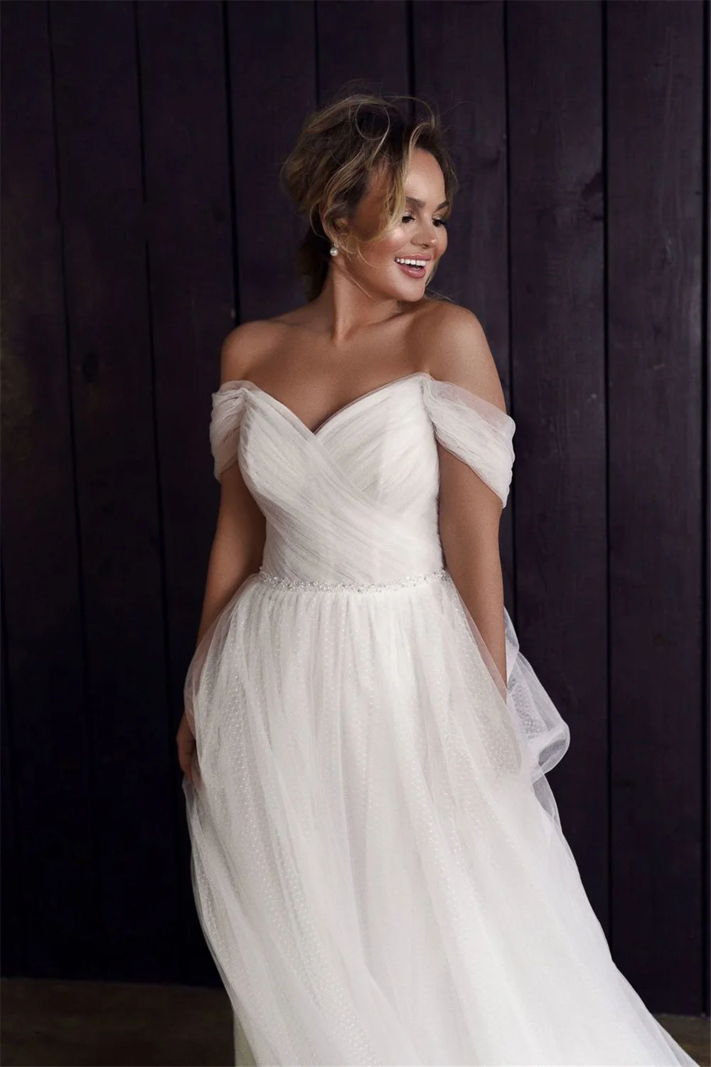 Robe De mariée De plage en Tulle à pois, épaules dénudées, plis, jardin, pays, princesse, personnalisée aux Mesures, 2021