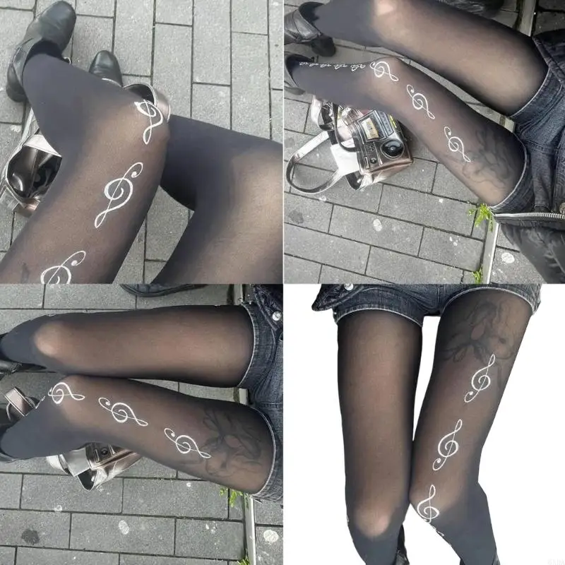 

Women Japanese Gothic Black Tights Stockings Elegant Musical Note Print Semi Opaque Pantyhose Leggings Hosiery 6XDA