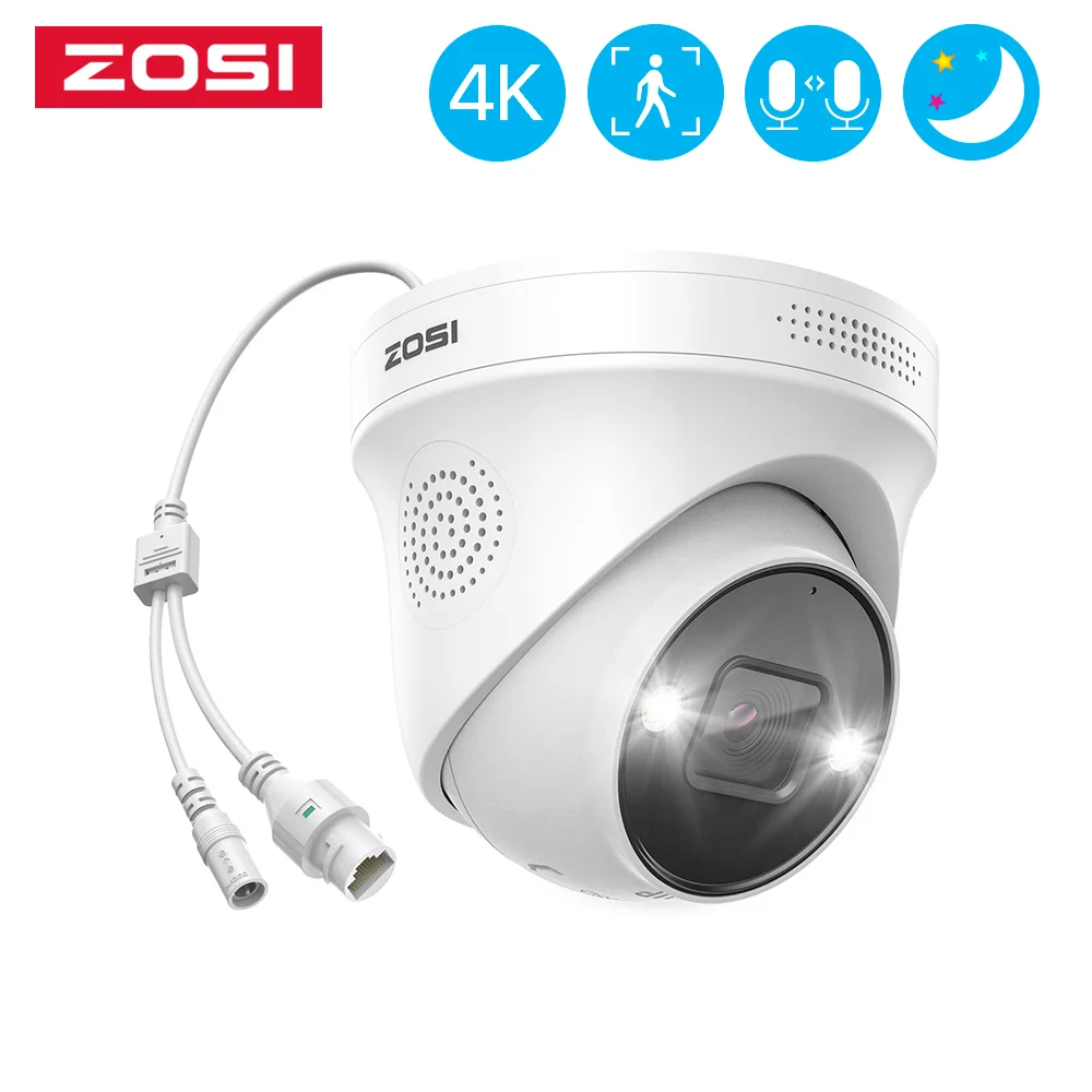 ZOSI-Caméra de surveillance extérieure IP PoE HD 8MP/5MP (4K), dispositif de sécurité sans fil, avec IA, prise en charge humaine, vision nocturne