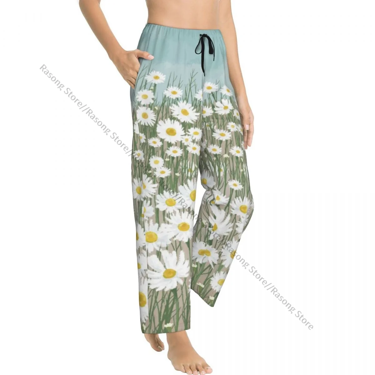Warm Women Pajama Pants Blooming Daisy Flower Flannel Sleep Bottoms Soft Fleece Loungewear