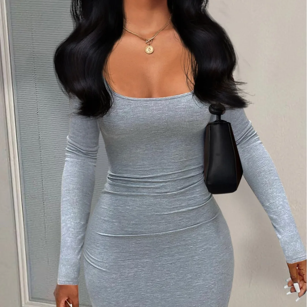 

Women Knitting Dress 2025 New Stylish Ribbed Dress Solid Color Micro Rib Fabric Slim Fit Long Calf Long Dress For Women